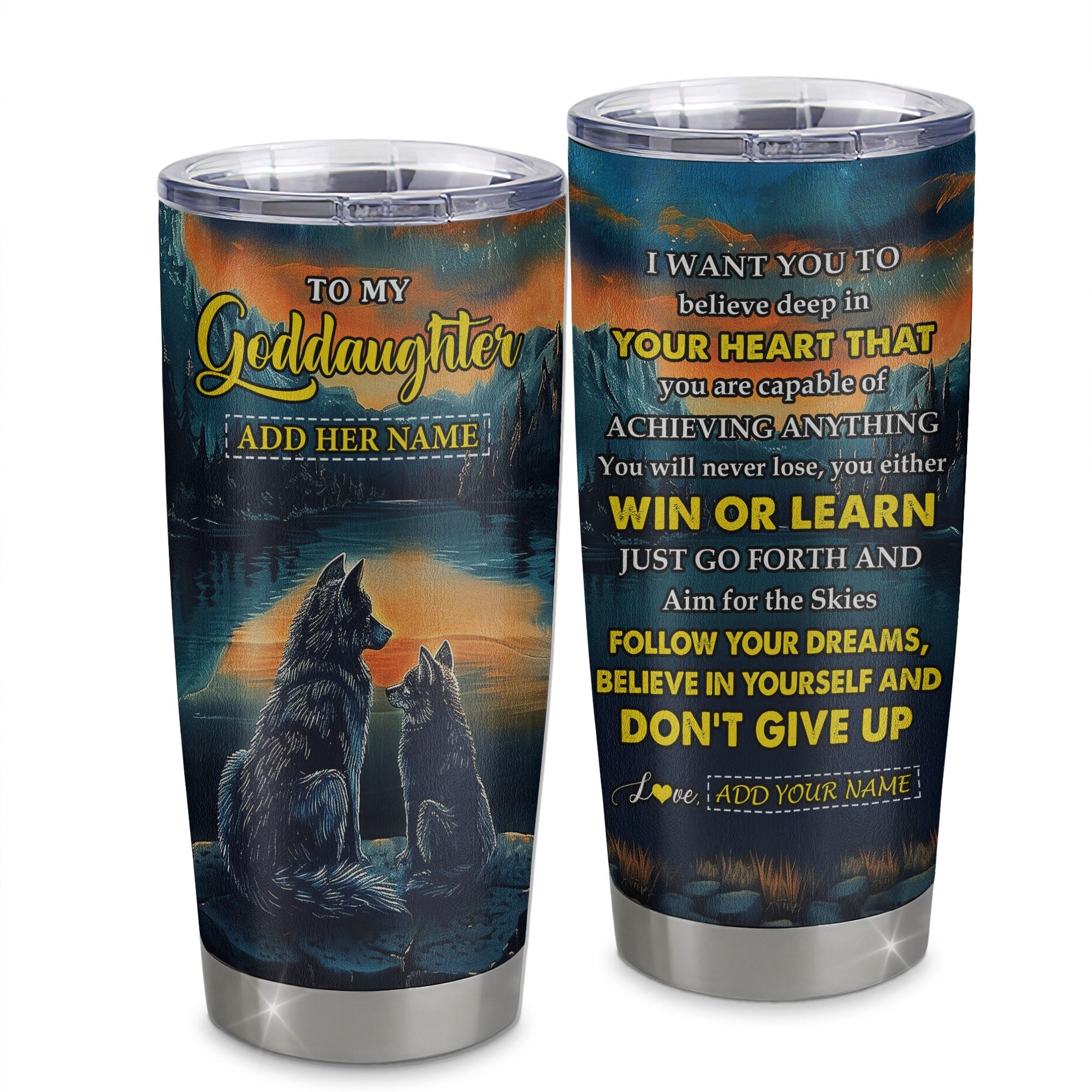 Personalized To My Goddaughter Gifts From Aunt Uncle Tumbler Don't Give Up Wolf Gifts For Goddaughter Birthday Graduation Christmas Custom Stainless Steel Cup Travel Mug | siriusteestore