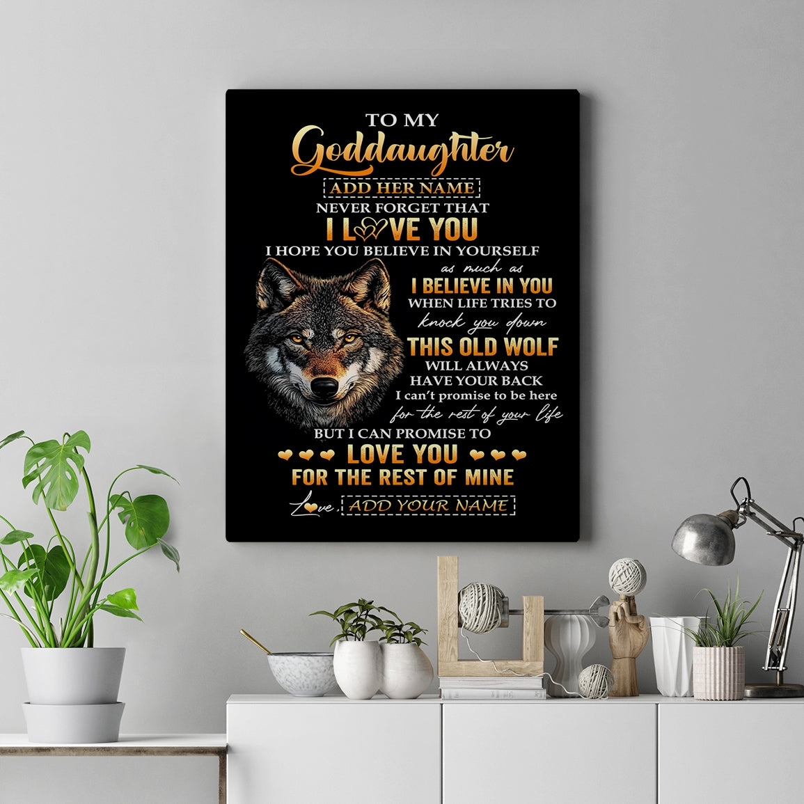Personalized To My Goddaughter Gifts From Godfather Godmother Canvas Old Wolf Love You Goddaughter Birthday Gifts Graduation Christmas Custom Print Framed Canvas | siriusteestore
