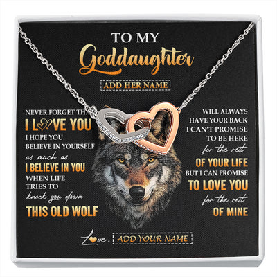 Interlocking Hearts Necklace Stainless Steel & Rose Gold Finish | 1 | Personalized To My Goddaughter Gifts From Godfather Godmother Necklace Old Wolf Love You Goddaughter Birthday Gifts Graduation Christmas Gift Box Message Card | siriusteestore