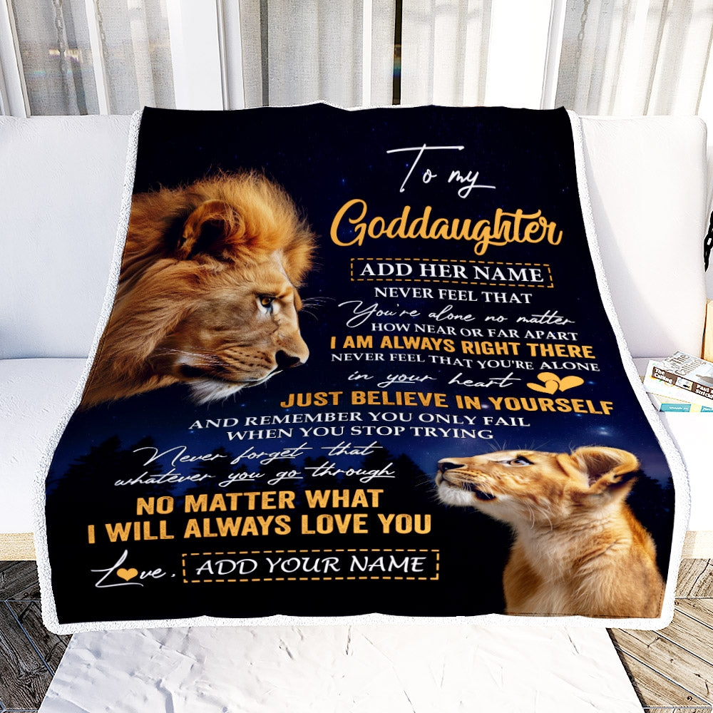 Personalized To My Goddaughter Gifts From Godfather Uncle Blanket Lion Never Feel Alone Birthday Gifts Goddaughter Valentines Christmas Custom Fleece Blanket | siriusteestore