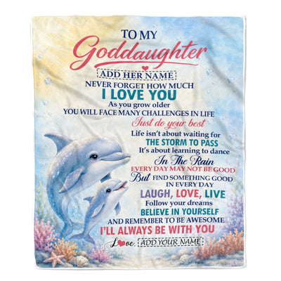 Personalized To My Goddaughter Gifts From Godmother Blanket Dolphin Ocean Love Message Birthday Christmas Gift For Goddaughter Custom Fleece Throw Blanket | siriusteestore