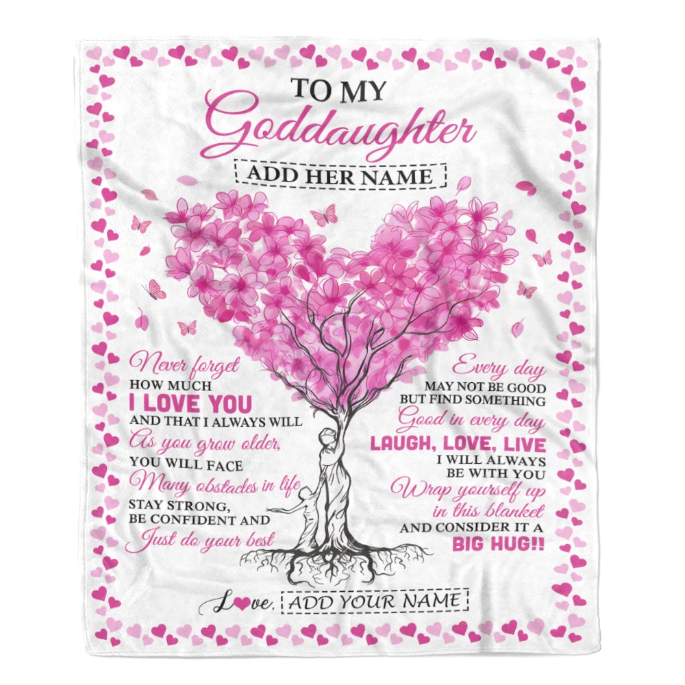 Personalized To My Goddaughter Gifts From Godmother Blanket Pink Heart Tree I Love You Custom Birthday Gifts For Goddaughter Christmas Fleece Blanket | siriusteestore