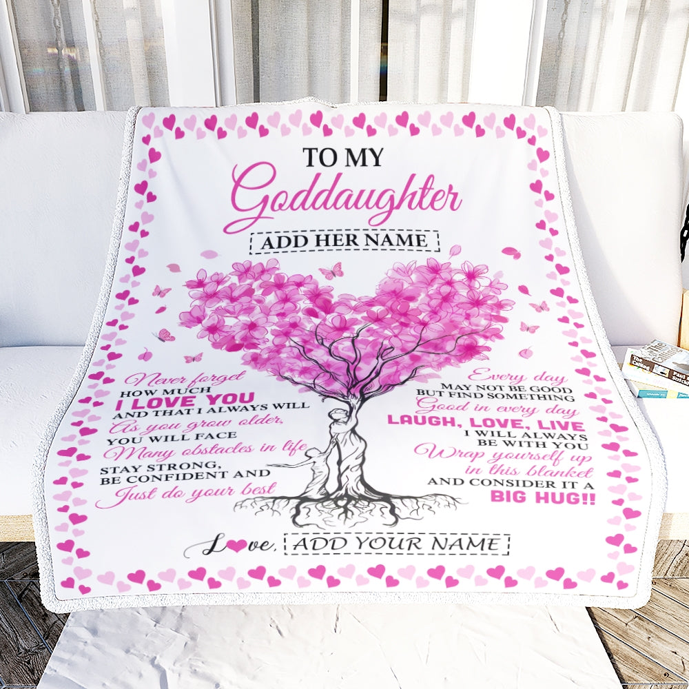 Personalized To My Goddaughter Gifts From Godmother Blanket Pink Heart Tree I Love You Custom Birthday Gifts For Goddaughter Christmas Fleece Blanket | siriusteestore