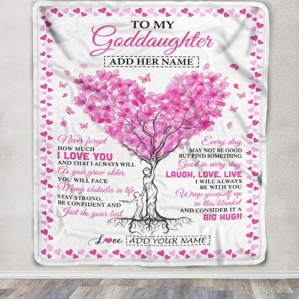 Personalized To My Goddaughter Gifts From Godmother Blanket Pink Heart Tree I Love You Custom Birthday Gifts For Goddaughter Christmas Fleece Blanket | siriusteestore