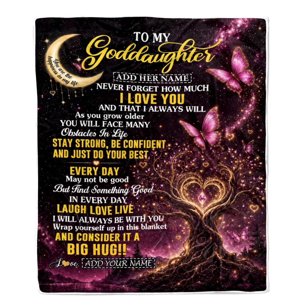 Personalized To My Goddaughter Gifts From Godmother Blanket Purple Galaxy Butterfly Moon Birthday Gifts For Goddaughter Graduation Christmas Fleece Blanket | siriusteestore