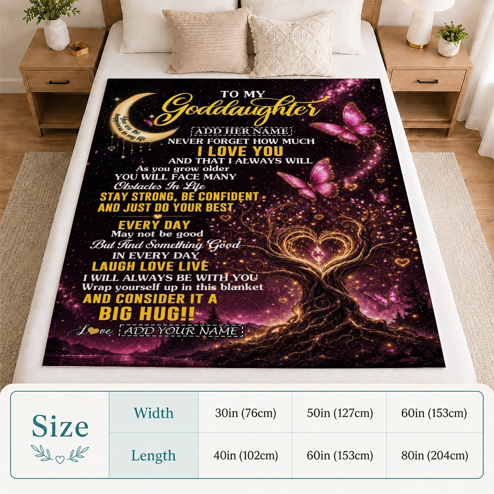 Personalized To My Goddaughter Gifts From Godmother Blanket Purple Galaxy Butterfly Moon Birthday Gifts For Goddaughter Graduation Christmas Fleece Blanket | siriusteestore
