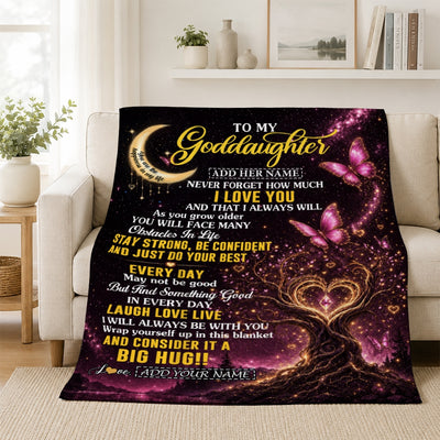 Personalized To My Goddaughter Gifts From Godmother Blanket Purple Galaxy Butterfly Moon Birthday Gifts For Goddaughter Graduation Christmas Fleece Blanket | siriusteestore
