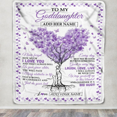 Personalized To My Goddaughter Gifts From Godmother Blanket Purple Heart Tree I Love You Custom Birthday Gifts For Goddaughter Christmas Fleece Blanket | siriusteestore