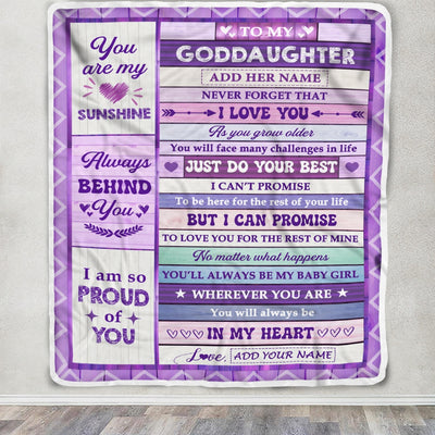 Personalized To My Goddaughter Gifts From Godmother Blanket Purple Wood Sunshine In My Heart Custom Gift For Goddaughter Birthday Christmas Fleece Blanket | siriusteestore