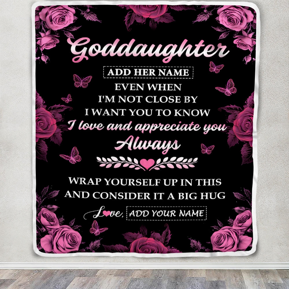 Personalized To My Goddaughter Gifts From Godmother Blanket Rose Floral It A Big Hug Birthday Gift Idea For Goddaughter Gifts Christmas Custom Fleece Blanket | siriusteestore