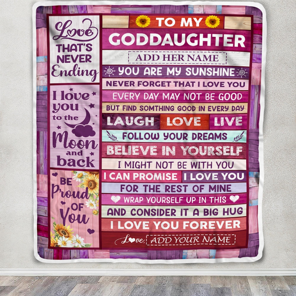 Personalized To My Goddaughter Gifts From Godmother Blanket Wood My Sunshine Birthday Gifts For Goddaughter Christmas Graduation Custom Fleece Throw Blanket | siriusteestore