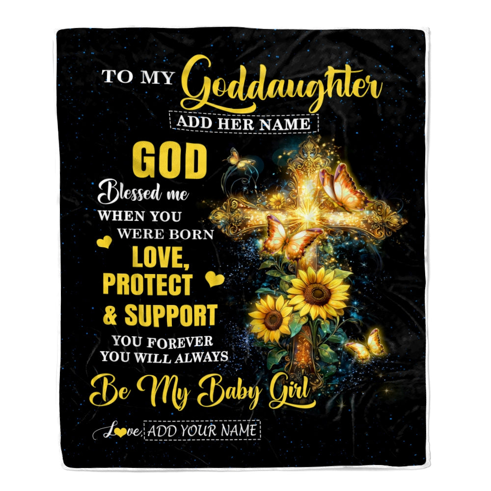 Personalized To My Goddaughter Gifts From Godmother Cross Sunflower Christian Blessed Goddaughter Birthday Presents Graduation Gifts Christmas Fleece Blanket | siriusteestore
