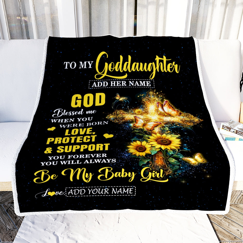 Personalized To My Goddaughter Gifts From Godmother Cross Sunflower Christian Blessed Goddaughter Birthday Presents Graduation Gifts Christmas Fleece Blanket | siriusteestore