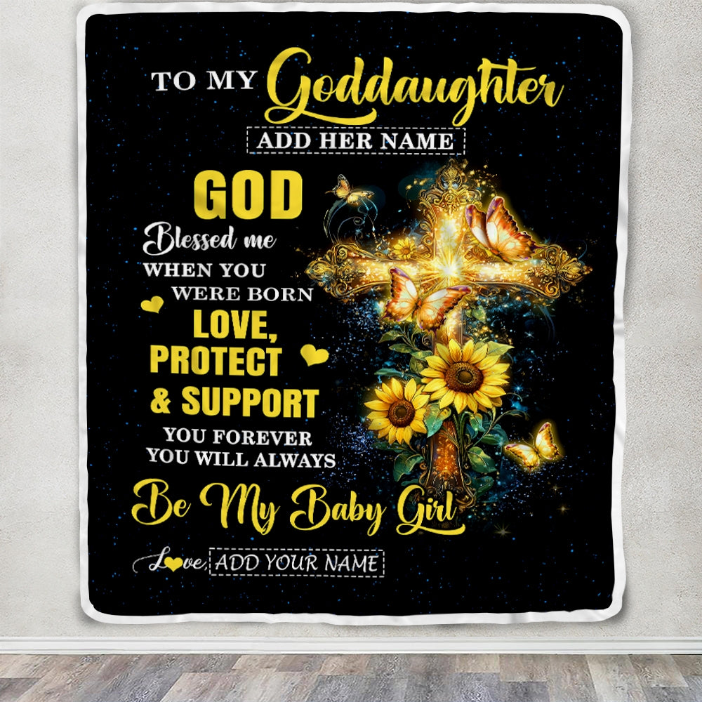 Personalized To My Goddaughter Gifts From Godmother Cross Sunflower Christian Blessed Goddaughter Birthday Presents Graduation Gifts Christmas Fleece Blanket | siriusteestore