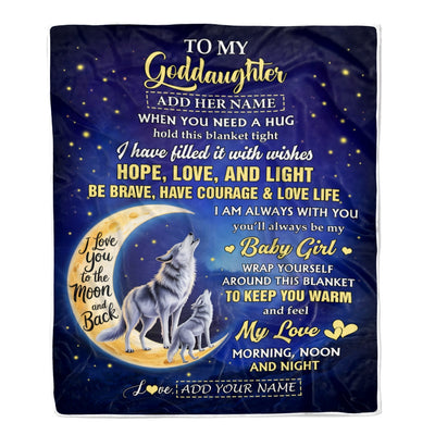 Personalized To My Goddaughter Gifts From Godmother Godfather Blanket I Love You Moon And Back Wolf Goddaughter Birthday Gifts Christmas Fleece Blanket | siriusteestore