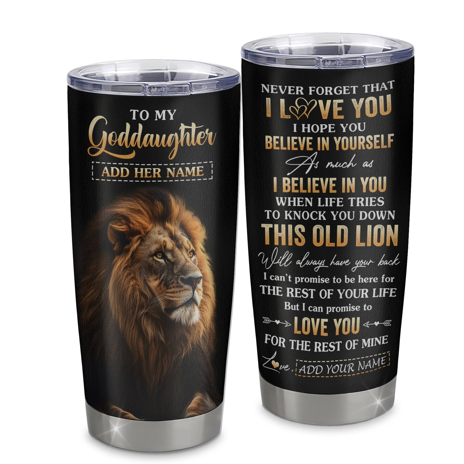 Personalized To My Goddaughter Gifts From Godmother Godfather Tumbler Old Lion Love You Goddaughter Birthday Gifts Graduation Christmas Custom Cup Travel Mug | siriusteestore