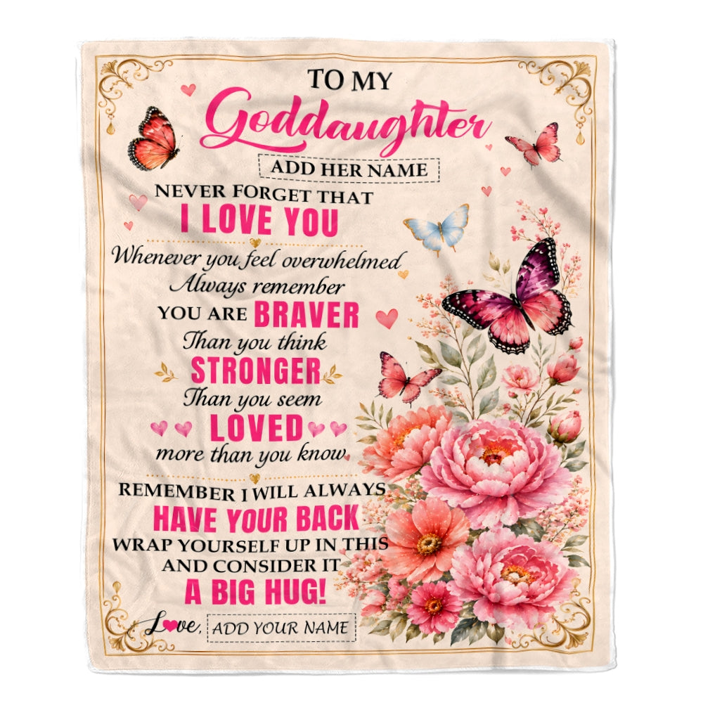 Personalized To My Goddaughter Gifts From Godmother Grandfather Blanket Pink Butterfly I Love You Birthday Gift For Goddaughter Christmas Fleece Throw Blanket | siriusteestore