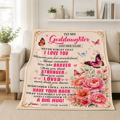 Personalized To My Goddaughter Gifts From Godmother Grandfather Blanket Pink Butterfly I Love You Birthday Gift For Goddaughter Christmas Fleece Throw Blanket | siriusteestore