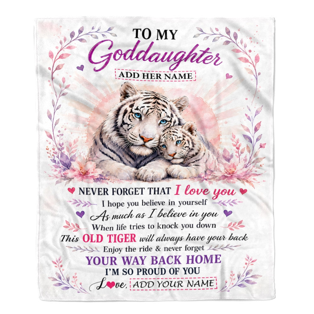 Personalized To My Goddaughter Gifts From Godmother Grandfather Blanket White Tiger This Old Tiger Birthday Christmas Gift For Goddaughter Fleece Blanket | siriusteestore