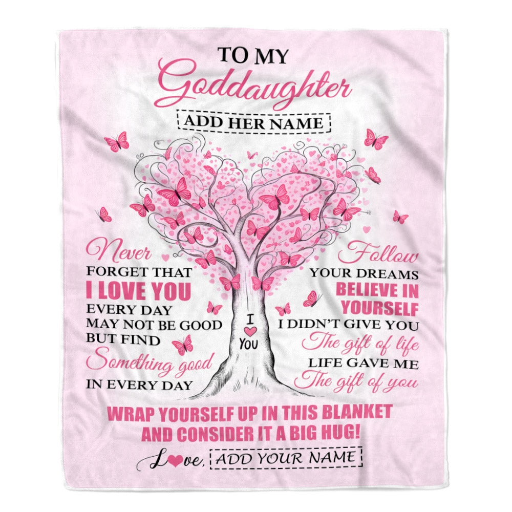 Personalized To My Goddaughter Gifts From Godmother Heart Tree Butterfly Believe In Yourself Birthday Gifts For Goddaughter Graduation Christmas Fleece Blanket | siriusteestore