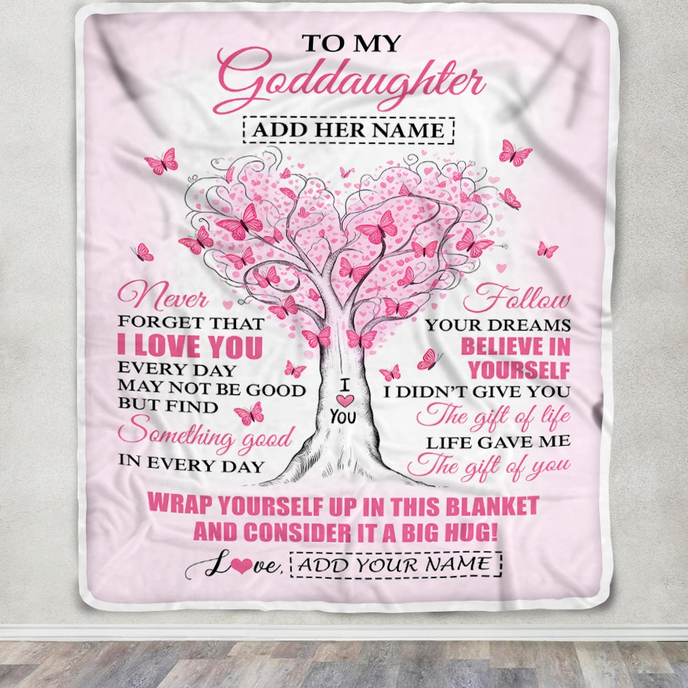 Personalized To My Goddaughter Gifts From Godmother Heart Tree Butterfly Believe In Yourself Birthday Gifts For Goddaughter Graduation Christmas Fleece Blanket | siriusteestore