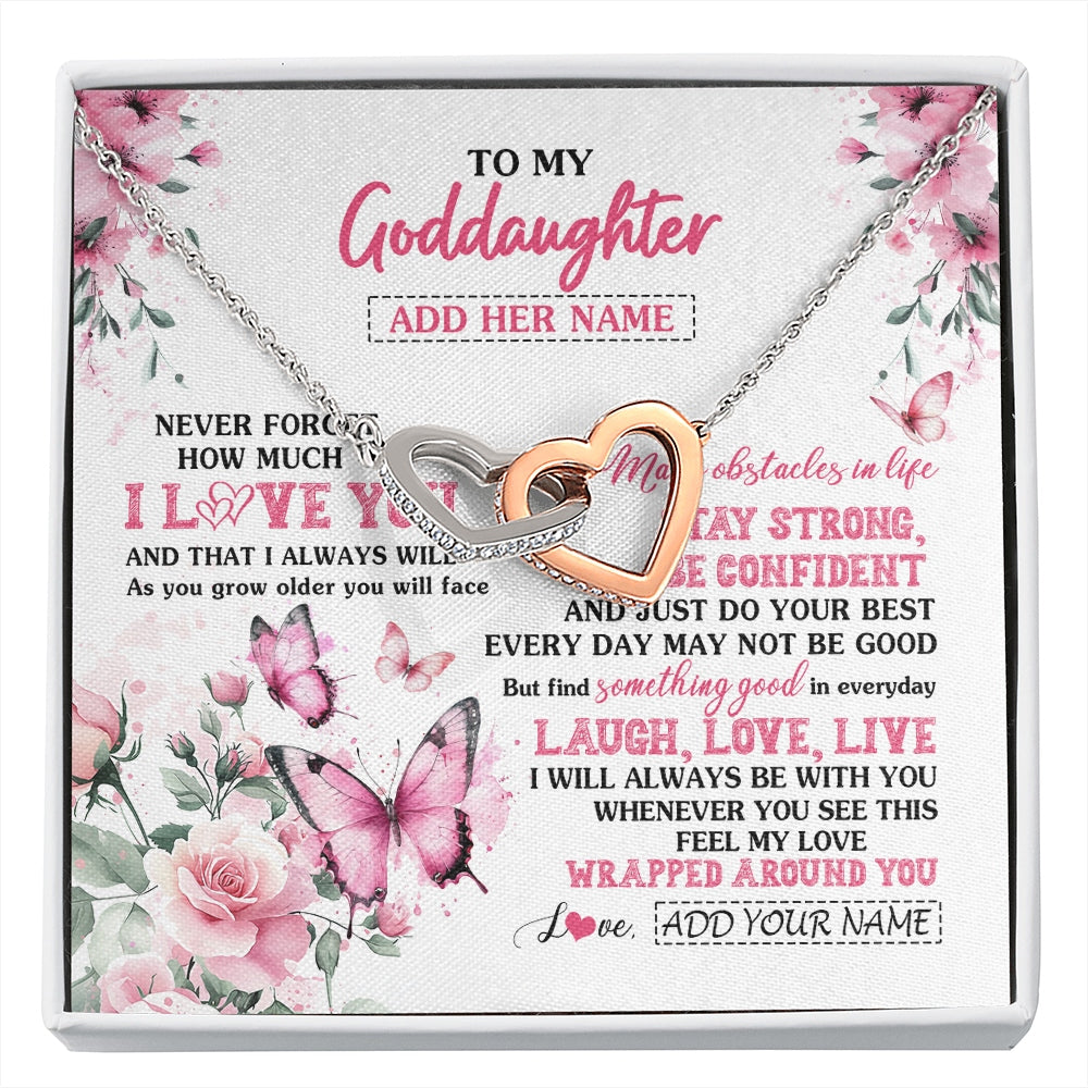 Interlocking Hearts Necklace Stainless Steel & Rose Gold Finish | 1 | Personalized To My Goddaughter Gifts From Godmother Necklace I Love You Butterfly Birthday Gifts For Goddaughter Christmas Custom Gift Box Message Card | https://siriusteestore.