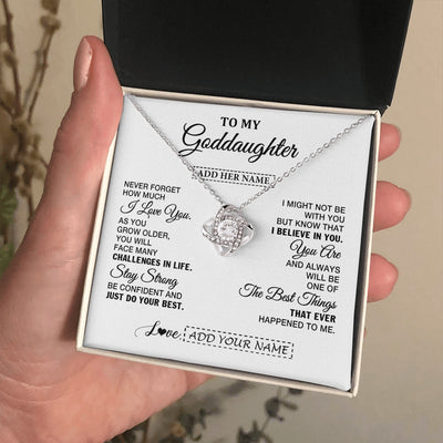 Love Knot Necklace 14K White Gold Finish | 2 | Personalized To My Goddaughter Gifts From Godmother Necklace I Love You Thoughtful Keepsake Gift Goddaughter Birthday Christmas Custom Gift Box Message Card | https://siriusteestore.