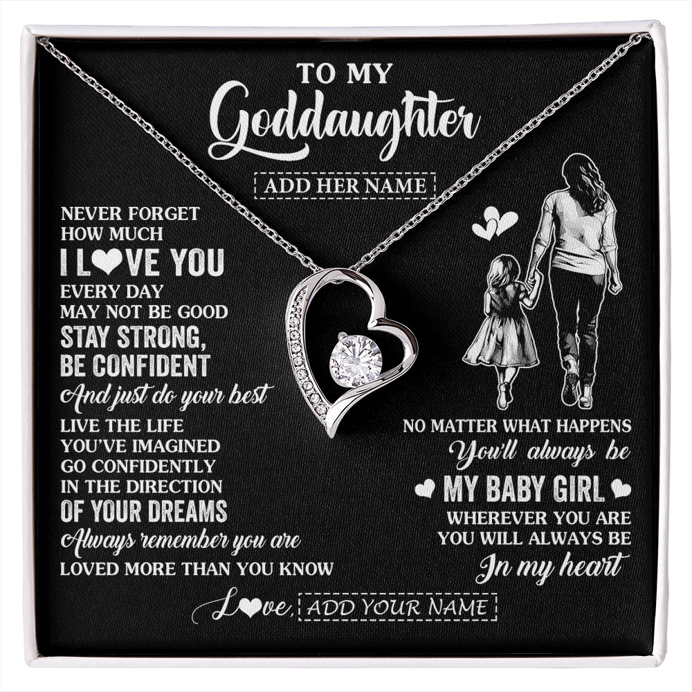Forever Love Necklace 14K White Gold Finish | 1 | Personalized To My Goddaughter Gifts From Godmother Necklace Never Forget How Much I Love You Goddaughter Birthday Graduation Christmas Gift Box Message Card | https://siriusteestore.