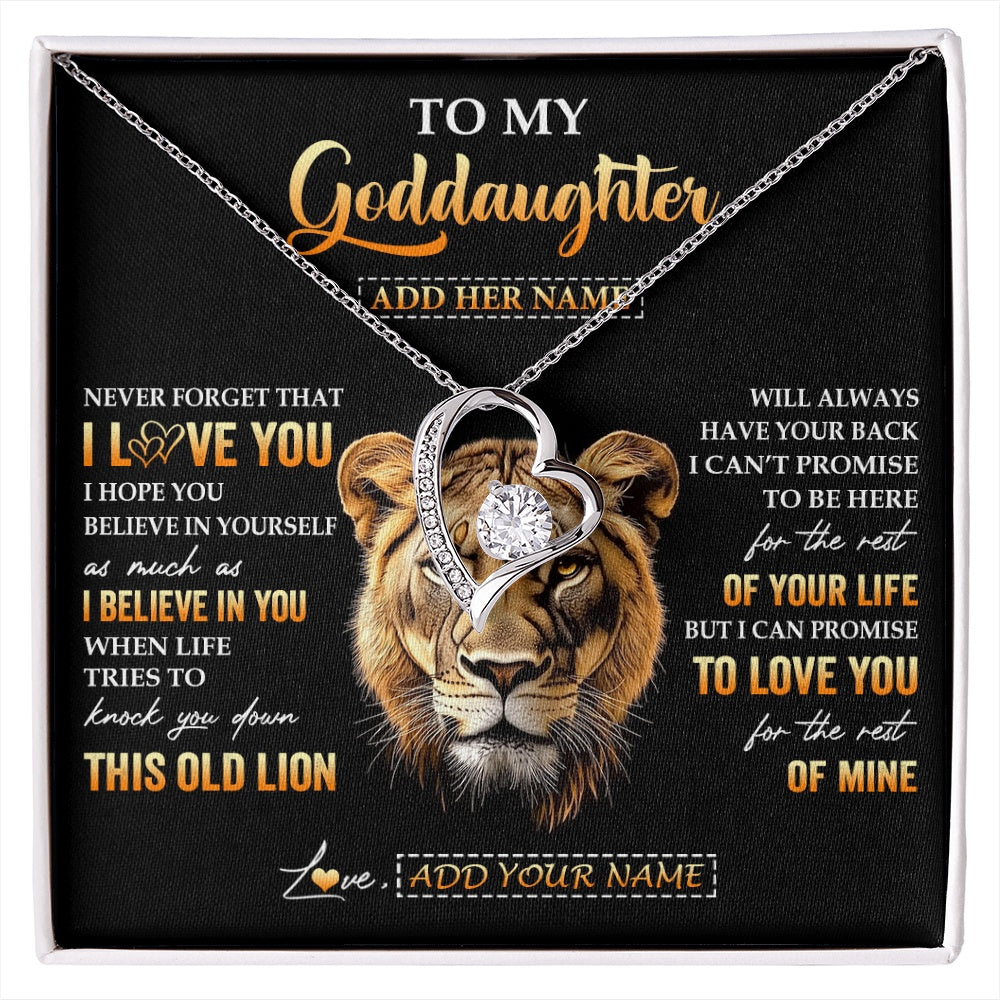 Forever Love Necklace 14K White Gold Finish | 1 | Personalized To My Goddaughter Gifts From Godmother Necklace Old Lion Love You Goddaughter Birthday Gifts Graduation Christmas Custom Gift Box Message Card | siriusteestore.myshopify