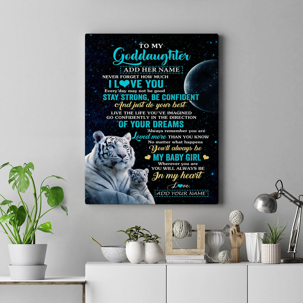 Personalized To My Goddaughter Gifts From Godmother Uncle Canvas White Tiger Never Forget How Much I Love You Goddaughter Birthday Christmas Custom Print Framed Canvas | siriusteestore
