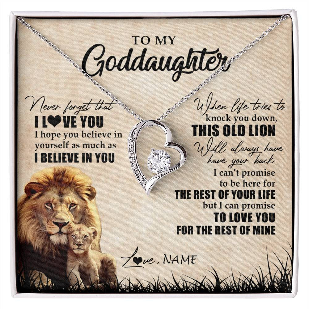 Forever Love Necklace 14K White Gold Finish | Personalized To My Goddaughter Gifts Necklace From Godfather Old Lion Goddaughter Jewelry Birthday Gifts Graduation Christmas Customized Gift Box Message Card | siriusteestore