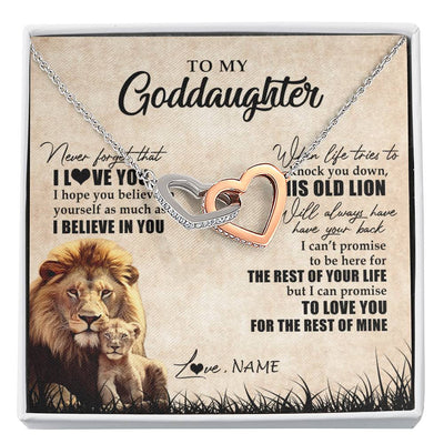 Interlocking Hearts Necklace Stainless Steel & Rose Gold Finish | Personalized To My Goddaughter Gifts Necklace From Godfather Old Lion Goddaughter Jewelry Birthday Gifts Graduation Christmas Customized Gift Box Message Card | siriusteestore