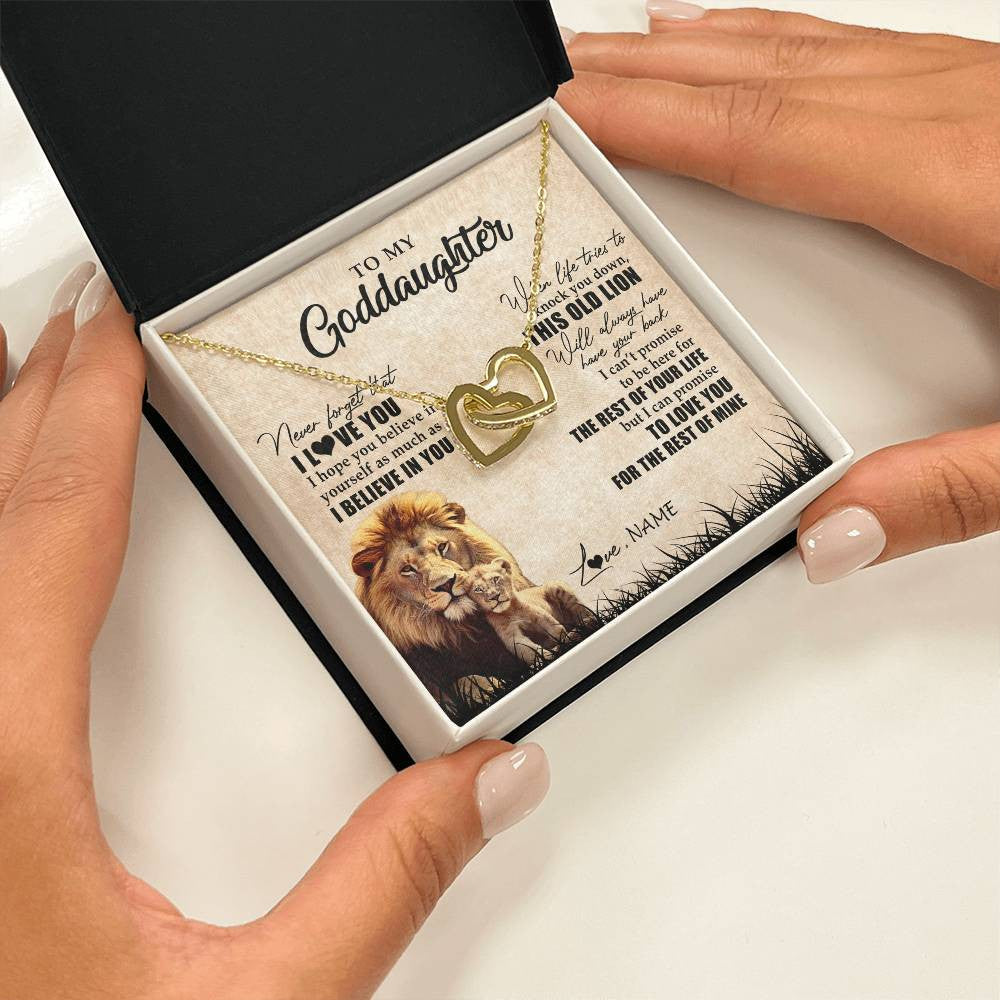 Interlocking Hearts Necklace 18K Yellow Gold Finish | Personalized To My Goddaughter Gifts Necklace From Godfather Old Lion Goddaughter Jewelry Birthday Gifts Graduation Christmas Customized Gift Box Message Card | siriusteestore