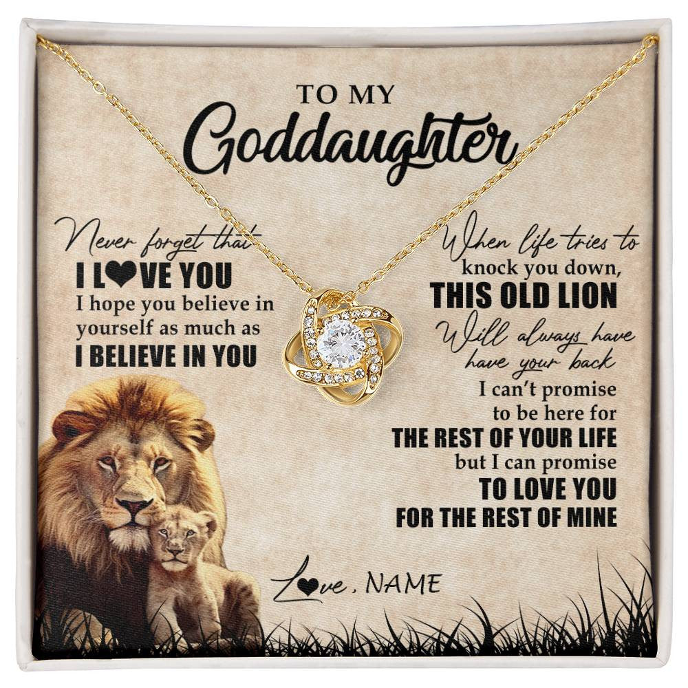 Love Knot Necklace 18K Yellow Gold Finish | Personalized To My Goddaughter Gifts Necklace From Godfather Old Lion Goddaughter Jewelry Birthday Gifts Graduation Christmas Customized Gift Box Message Card | siriusteestore