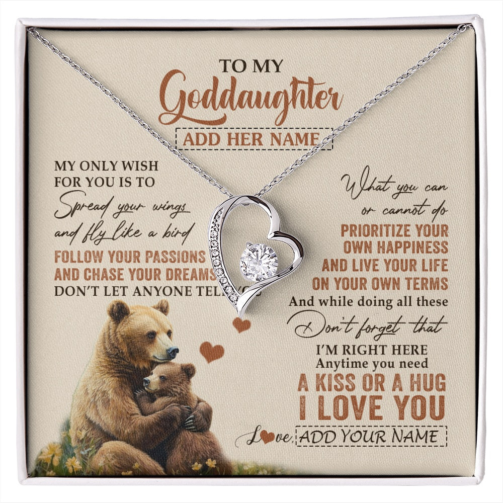 Forever Love Necklace 14K White Gold Finish | 1 | Personalized To My Goddaughter Gifts Necklace From Godmother Bear My Only Wish For You Goddaughter Birthday Gifts Graduation Christmas Gift Box Message Card | siriusteestore.myshopify