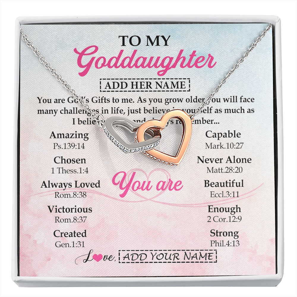 Interlocking Hearts Necklace Stainless Steel & Rose Gold Finish | 1 | Personalized To My Goddaughter Gifts Necklace From Godmother Christian Religious Jewelry Gifts For Goddaughter Birthday Christmas Custom Gift Box Message Card | https://siriusteestore.