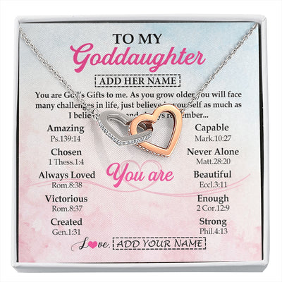 Interlocking Hearts Necklace Stainless Steel & Rose Gold Finish | 1 | Personalized To My Goddaughter Gifts Necklace From Godmother Christian Religious Jewelry Gifts For Goddaughter Birthday Christmas Custom Gift Box Message Card | https://siriusteestore.