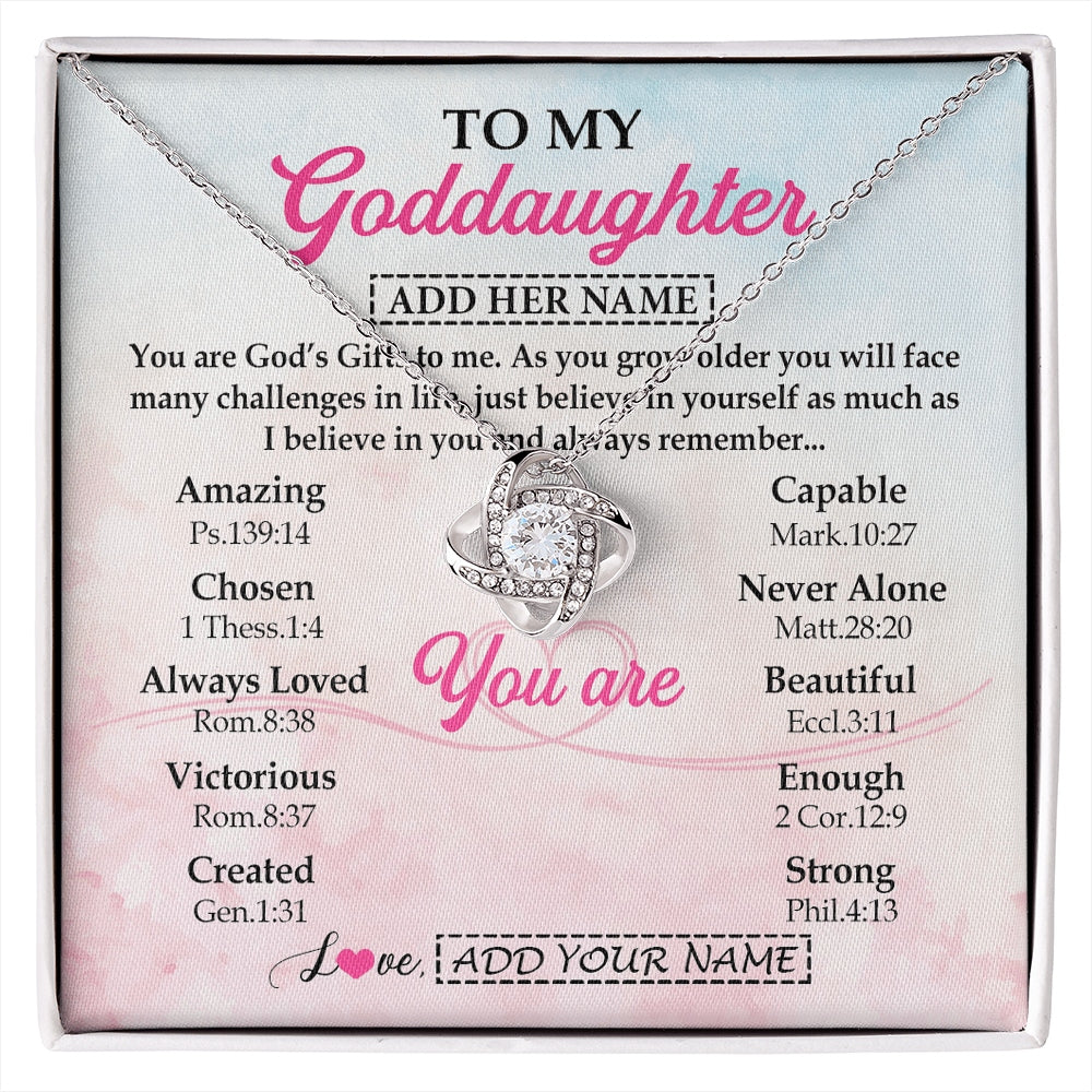 Love Knot Necklace 14K White Gold Finish | 1 | Personalized To My Goddaughter Gifts Necklace From Godmother Christian Religious Jewelry Gifts For Goddaughter Birthday Christmas Custom Gift Box Message Card | https://siriusteestore.