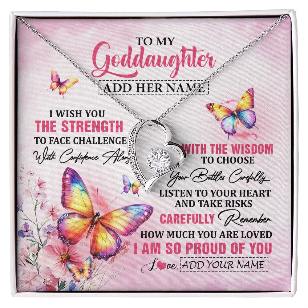 Forever Love Necklace 14K White Gold Finish | 1 | Personalized To My Goddaughter Gifts Necklace From Godmother Godfather I Wish You The Strength Butterfly Goddaughter Birthday Christmas Gift Box Message Card | https://siriusteestore.