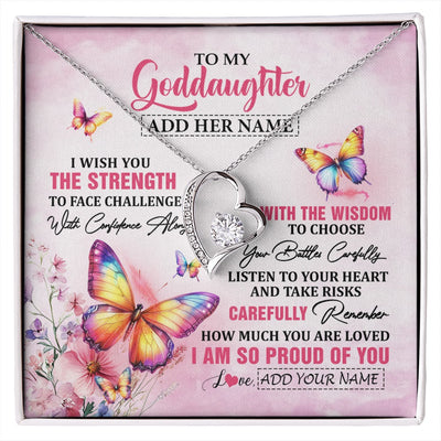 Forever Love Necklace 14K White Gold Finish | 1 | Personalized To My Goddaughter Gifts Necklace From Godmother Godfather I Wish You The Strength Butterfly Goddaughter Birthday Christmas Gift Box Message Card | https://siriusteestore.