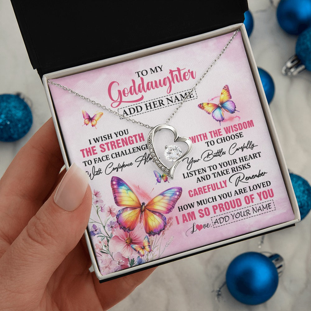 Forever Love Necklace 14K White Gold Finish | 2 | Personalized To My Goddaughter Gifts Necklace From Godmother Godfather I Wish You The Strength Butterfly Goddaughter Birthday Christmas Gift Box Message Card | https://siriusteestore.