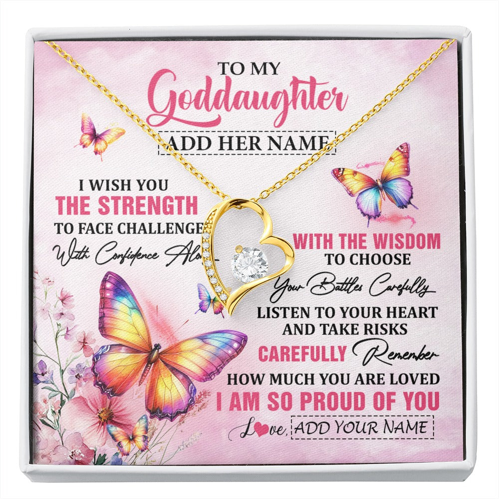 Forever Love Necklace 18K Yellow Gold Finish | 1 | Personalized To My Goddaughter Gifts Necklace From Godmother Godfather I Wish You The Strength Butterfly Goddaughter Birthday Christmas Gift Box Message Card | https://siriusteestore.