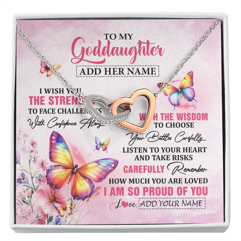 Interlocking Hearts Necklace Stainless Steel & Rose Gold Finish | 1 | Personalized To My Goddaughter Gifts Necklace From Godmother Godfather I Wish You The Strength Butterfly Goddaughter Birthday Christmas Gift Box Message Card | https://siriusteestore.