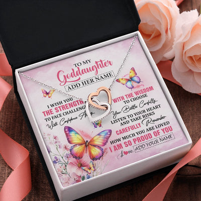 Interlocking Hearts Necklace Stainless Steel & Rose Gold Finish | 2 | Personalized To My Goddaughter Gifts Necklace From Godmother Godfather I Wish You The Strength Butterfly Goddaughter Birthday Christmas Gift Box Message Card | https://siriusteestore.