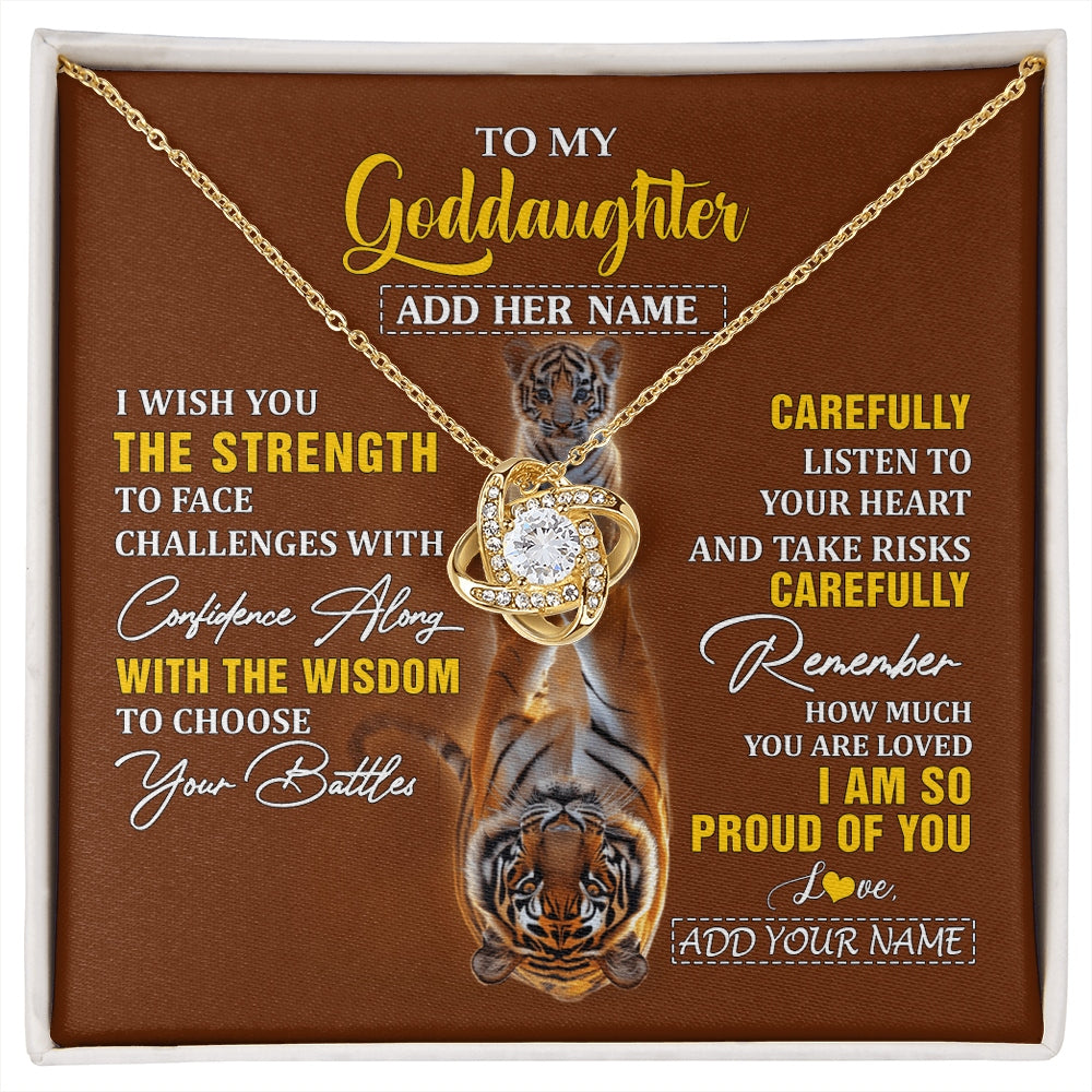 Love Knot Necklace 18K Yellow Gold Finish | 1 | Personalized To My Goddaughter Gifts Necklace From Godmother Godfather I Wish You The Strength Tiger Goddaughter Birthday Gifts Christmas Gift Box Message Card | https://siriusteestore.