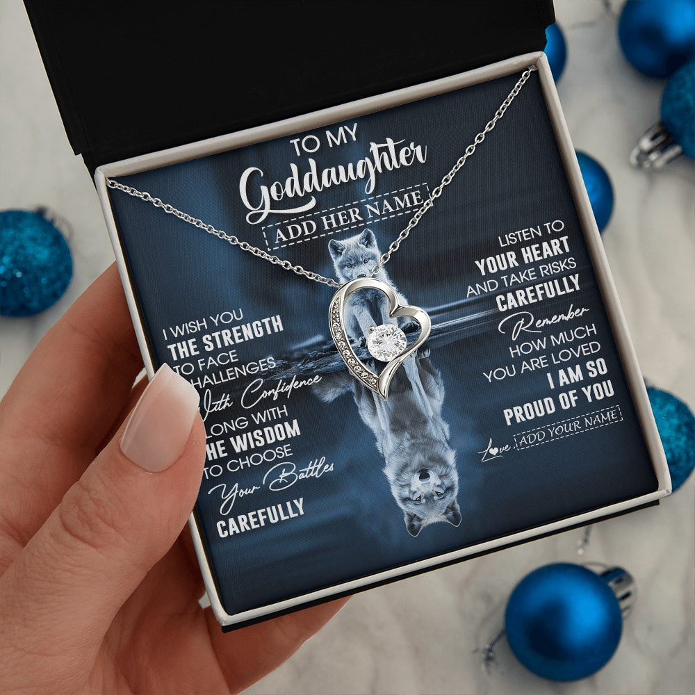 Forever Love Necklace 14K White Gold Finish | 2 | Personalized To My Goddaughter Gifts Necklace From Godmother Godfather I Wish You The Strength Wolf Goddaughter Birthday Gifts Christmas Gift Box Message Card | https://siriusteestore.