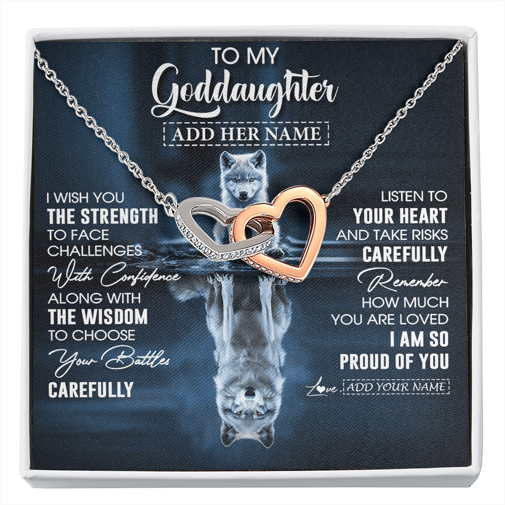 Interlocking Hearts Necklace Stainless Steel & Rose Gold Finish | 1 | Personalized To My Goddaughter Gifts Necklace From Godmother Godfather I Wish You The Strength Wolf Goddaughter Birthday Gifts Christmas Gift Box Message Card | https://siriusteestore.