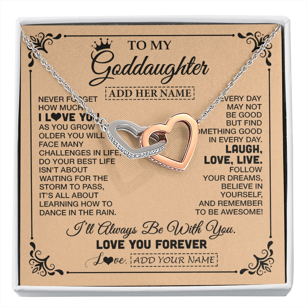 Interlocking Hearts Necklace Stainless Steel & Rose Gold Finish | 1 | Personalized To My Goddaughter Gifts Necklace From Godmother Never Forget How Much I Love You Goddaughter Birthday Gifts Christmas Gift Box Message Card | https://siriusteestore.