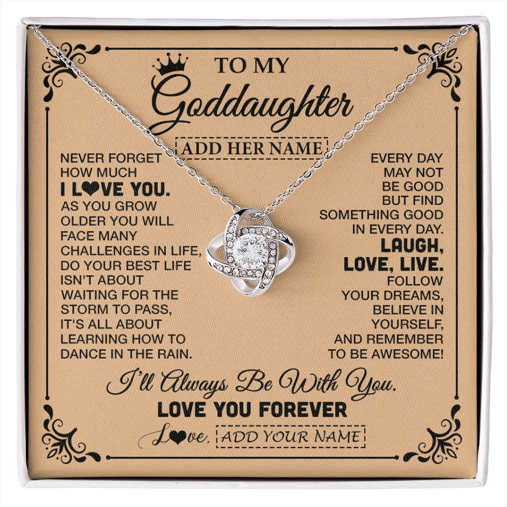 Love Knot Necklace 14K White Gold Finish | 1 | Personalized To My Goddaughter Gifts Necklace From Godmother Never Forget How Much I Love You Goddaughter Birthday Gifts Christmas Gift Box Message Card | https://siriusteestore.