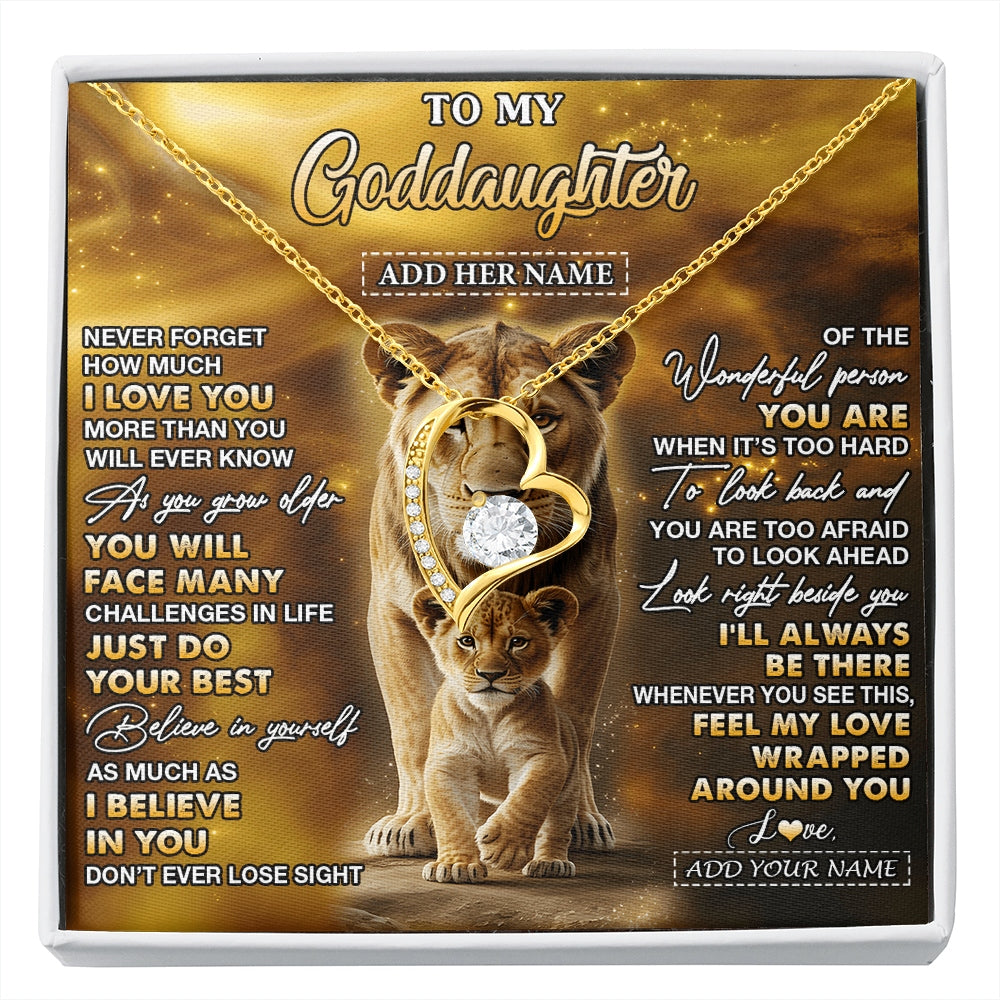 Forever Love Necklace 18K Yellow Gold Finish | 1 | Personalized To My Goddaughter Gifts Necklace From Godmother Never Forget How Much I Love You Lion Goddaughter Birthday Gifts Christmas Gift Box Message Card | https://siriusteestore.